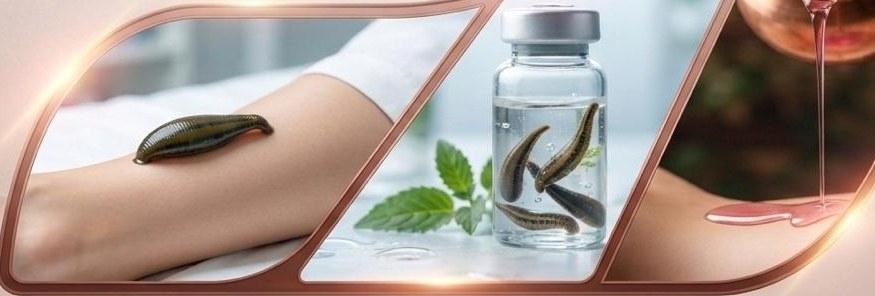 A medicinal leech applied to a patient's forearm, beside a sterile vial of leeches in water