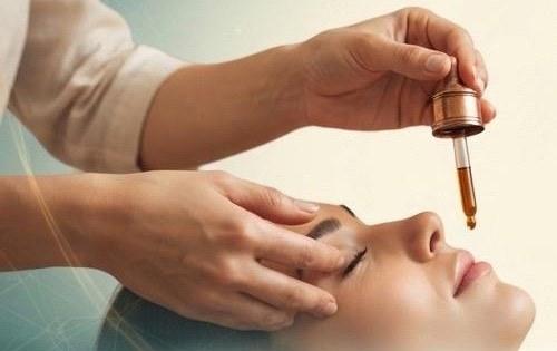 A practitioner steadying a patient's forehead while administering medicated oil from a dropper