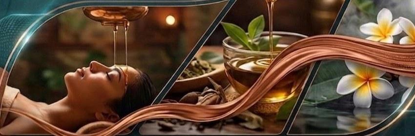 Warm herbal oil streaming from a copper vessel onto the forehead of a reclining patient, beside infused oil and frangipani flowers